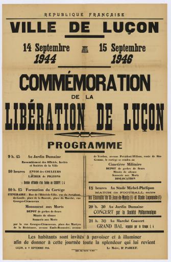 Luçon impr. Gauvrit 14 septembre 1944-15 septembre 1946 : commémoration de la libération de Luçon / Dr Pabeuf, maire.
